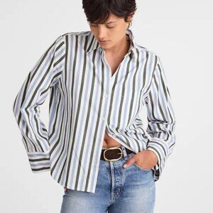 Madewell Easy Y-Neck Button-Up Cotton Shirt Stripes Green Blue Size XXS NWT
